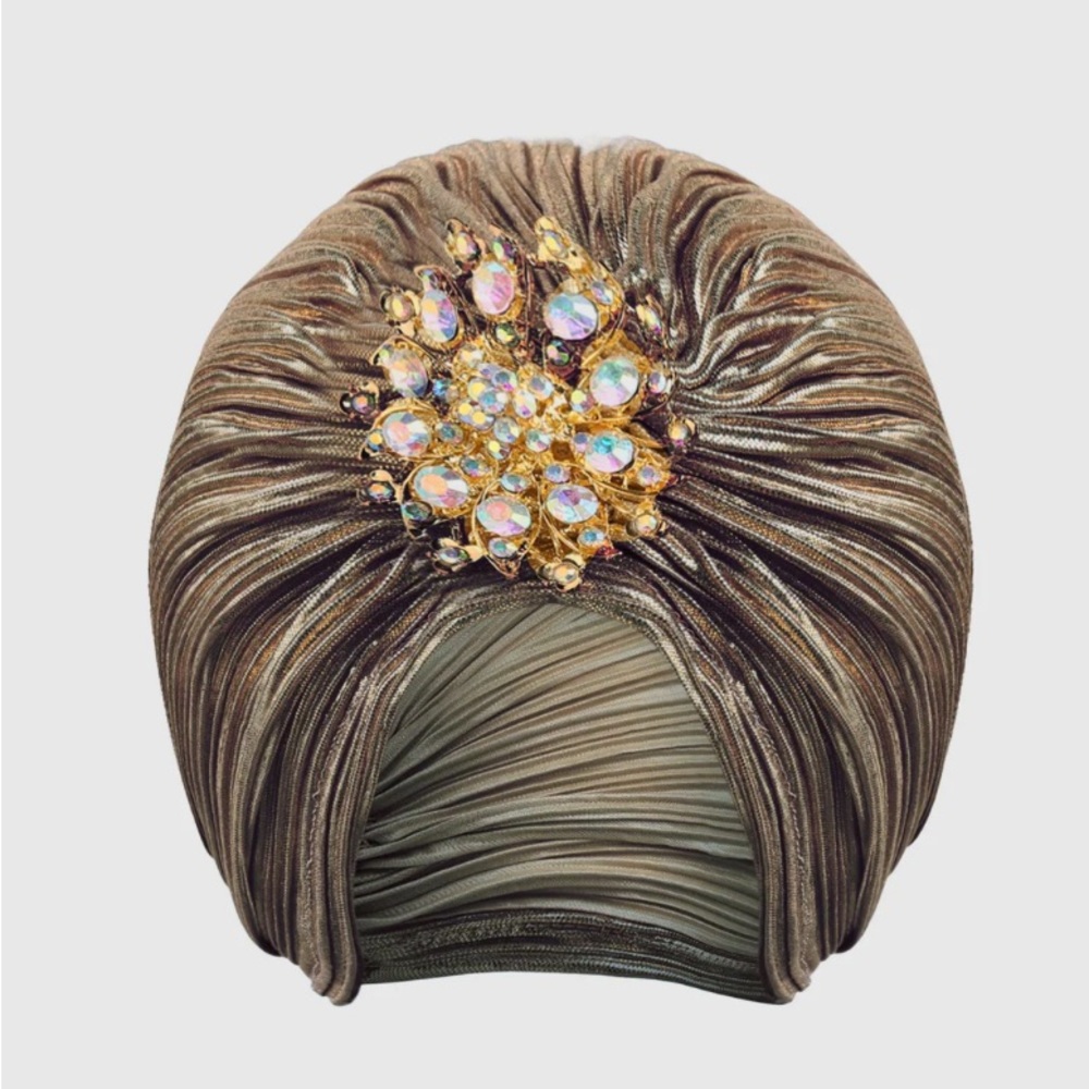 1920s Rhinestone Pin and Gold Turban Hat